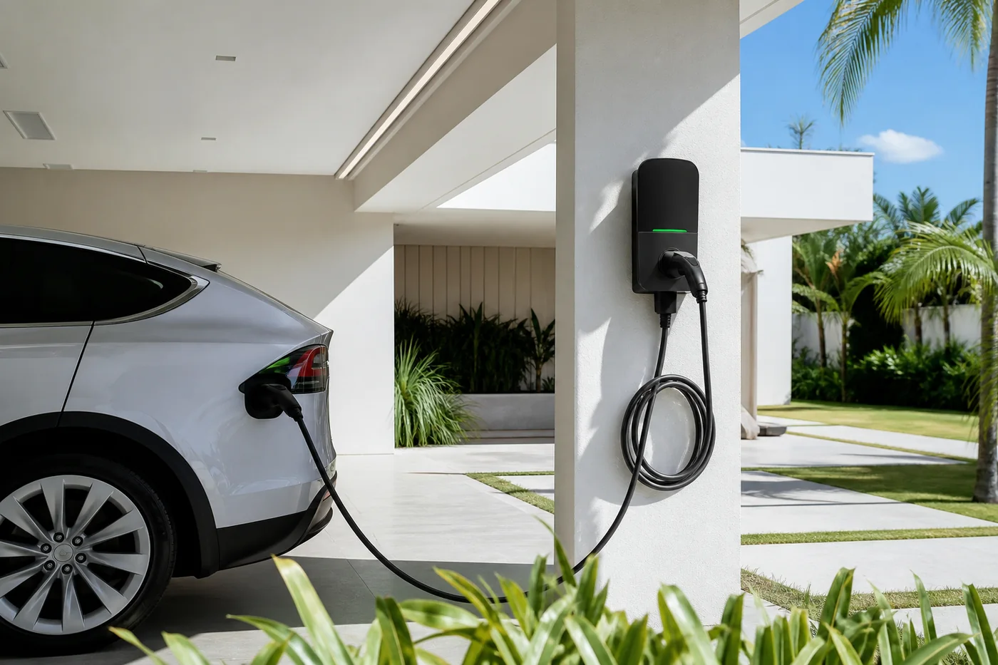 Carregador wallbox instalado em garagem residencial, conectado a um veículo elétrico